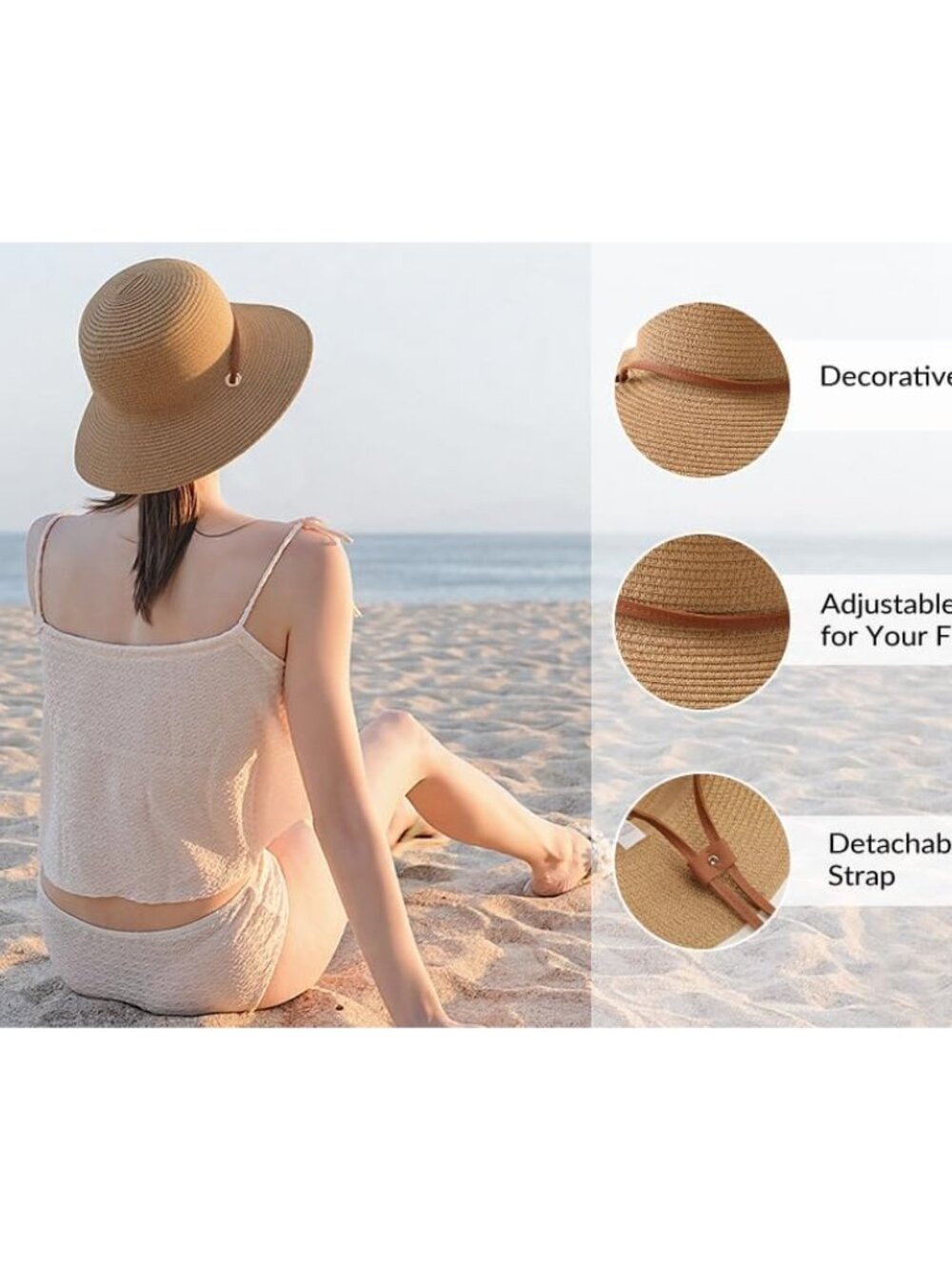 Beach Hat for Women, Wide Brim Sun Straw Hats for Women, Sun Hat Womens UPF 50+ - Picture 5 of 7